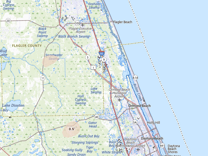 Radar-estimated hail-size map of the storm over Ormond Beach, FL on May 28, 2026