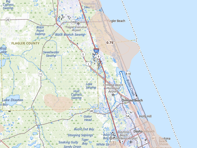 Radar-estimated hail-size map of the storm over Ormond Beach, FL on Jun 2, 2026
