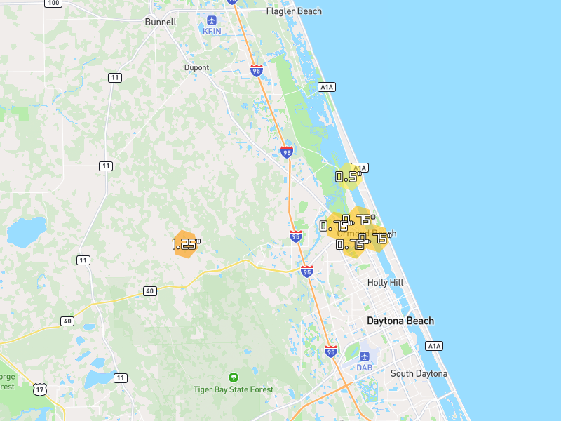 Hail map of Ormond Beach, FL on Jun 2, 2026, hail up to 1.25"