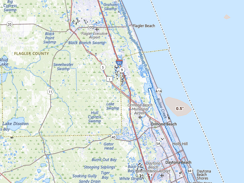 Radar-estimated hail-size map of the storm over Ormond Beach, FL on Jul 5, 2026