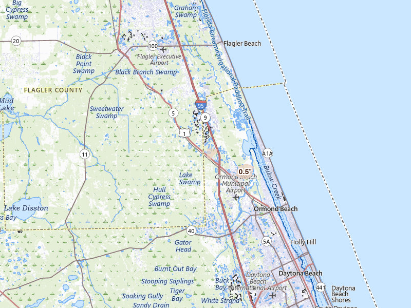 Radar-estimated hail-size map of the storm over Ormond Beach, FL on Jul 12, 2026
