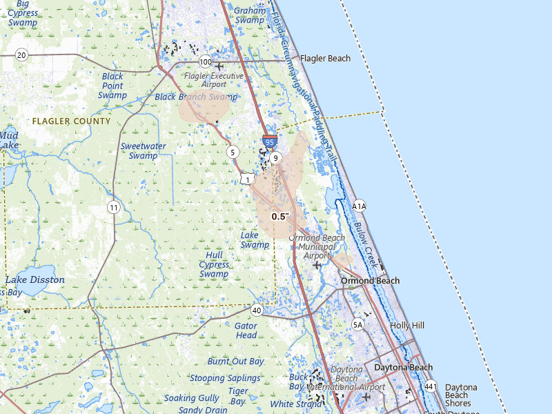 Radar-estimated hail-size map of the storm over Ormond Beach, FL on Jul 30, 2026