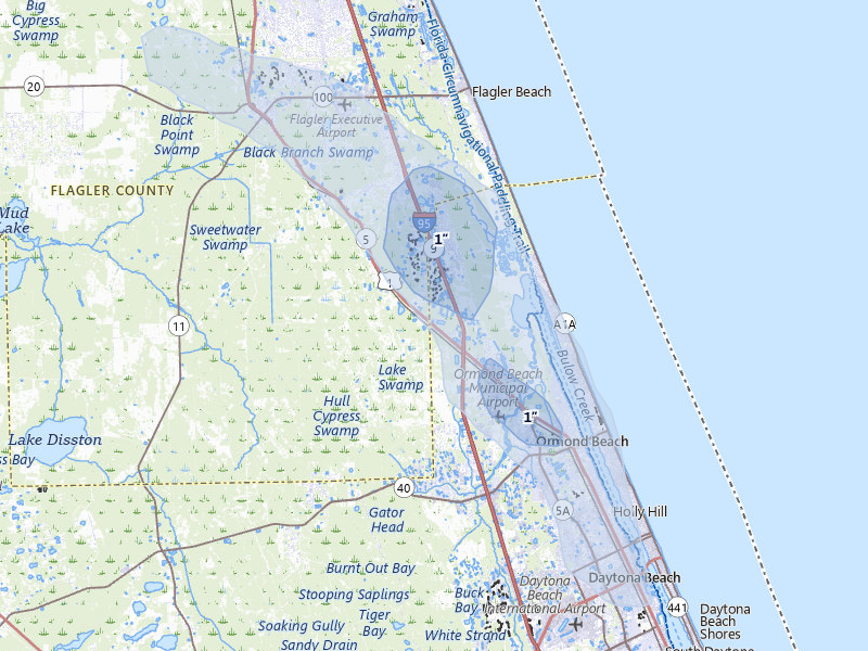 NEXRAD radar-signature map of the hail over Ormond Beach, FL
