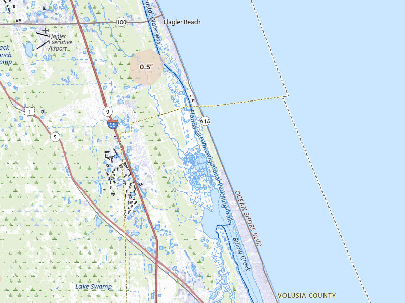 Radar-estimated hail-size map of the storm over Ormond Beach, FL on Aug 8, 2026