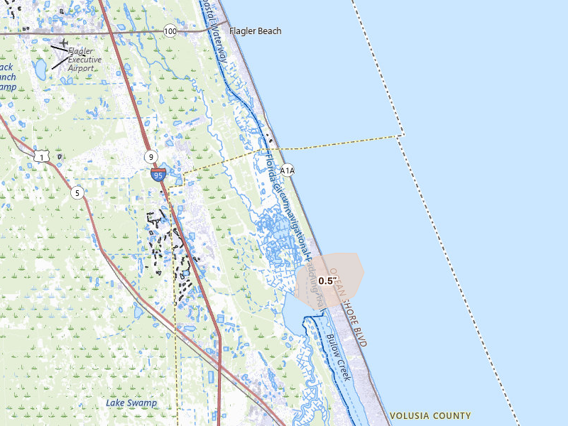 Radar-estimated hail-size map of the storm over Ormond Beach, FL on Aug 27, 2026
