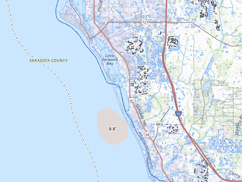 Radar-estimated hail-size map of the storm over Osprey, FL on Jul 16, 2026