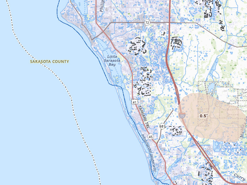 Radar-estimated hail-size map of the storm over Osprey, FL on Jul 24, 2026