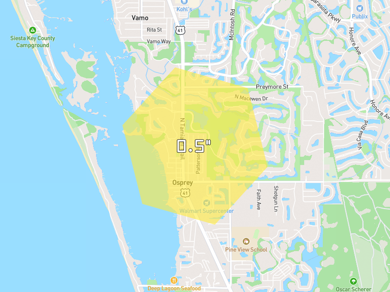 Hail map of Osprey, FL on Jul 24, 2026, hail up to 0.5"