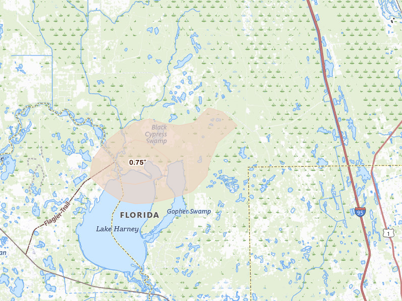 Radar-estimated hail-size map of the storm over Osteen, FL on Jun 19, 2026