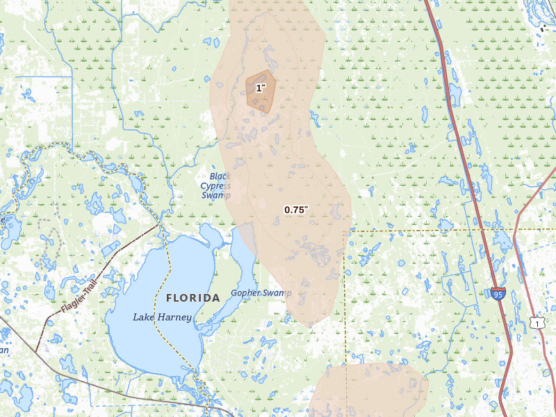 Radar-estimated hail-size map of the storm over Osteen, FL on Jun 25, 2026