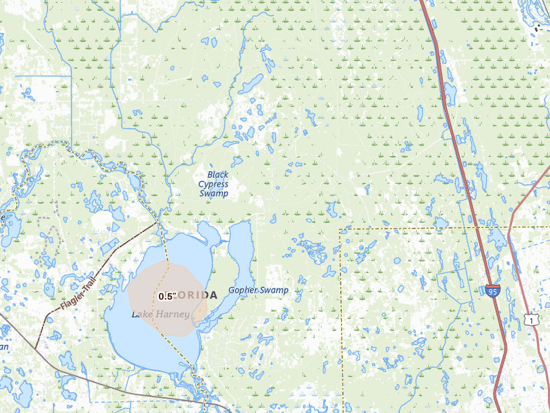 Radar-estimated hail-size map of the storm over Osteen, FL on Jul 17, 2026