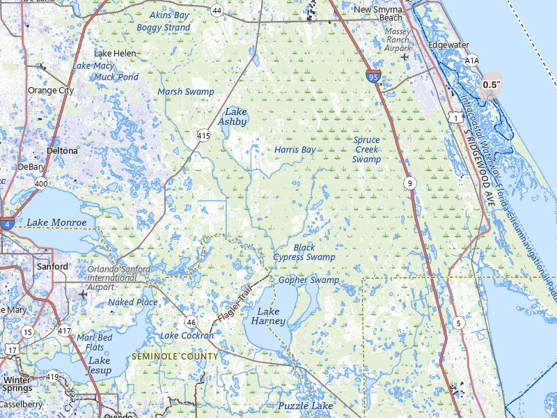 Radar-estimated hail-size map of the storm over Osteen, FL on Jul 30, 2026