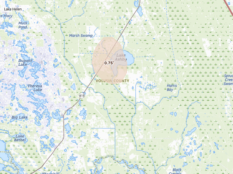 Radar-estimated hail-size map of the storm over Osteen, FL on Aug 11, 2026