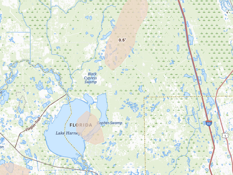 Radar-estimated hail-size map of the storm over Osteen, FL on Aug 20, 2026