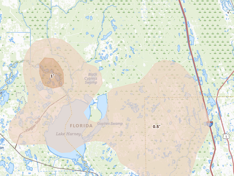 Radar-estimated hail-size map of the storm over Osteen, FL on Aug 22, 2026
