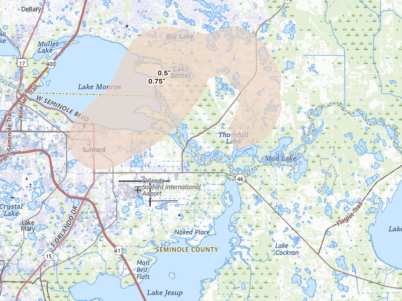 Radar-estimated hail-size map of the storm over Osteen, FL on Aug 26, 2026