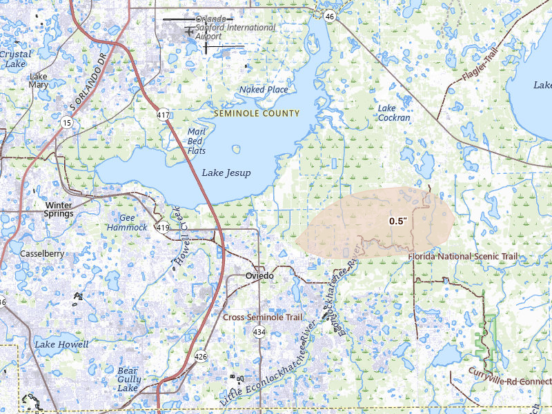 Radar-estimated hail-size map of the storm over Oviedo, FL on Apr 25, 2026