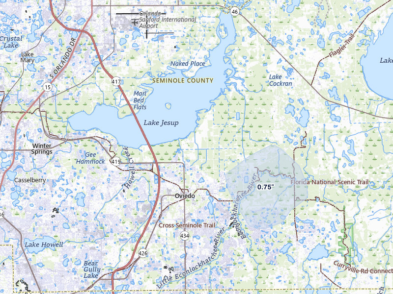 NEXRAD radar-signature map of the hail over Oviedo, FL