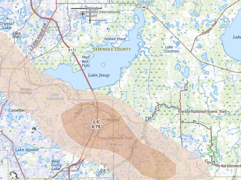 Radar-estimated hail-size map of the storm over Oviedo, FL on May 12, 2026