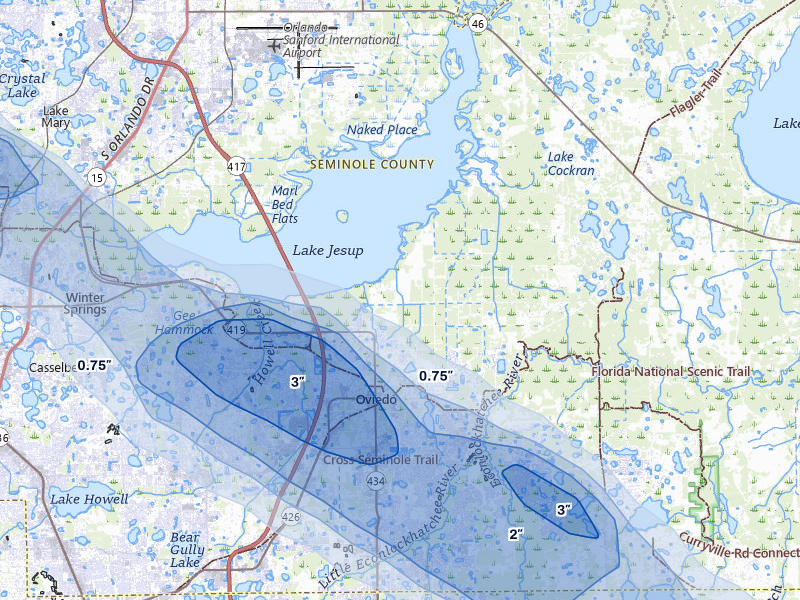 NEXRAD radar-signature map of the hail over Oviedo, FL