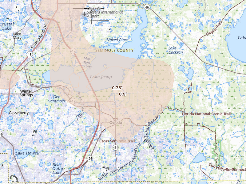 Radar-estimated hail-size map of the storm over Oviedo, FL on Jul 4, 2026