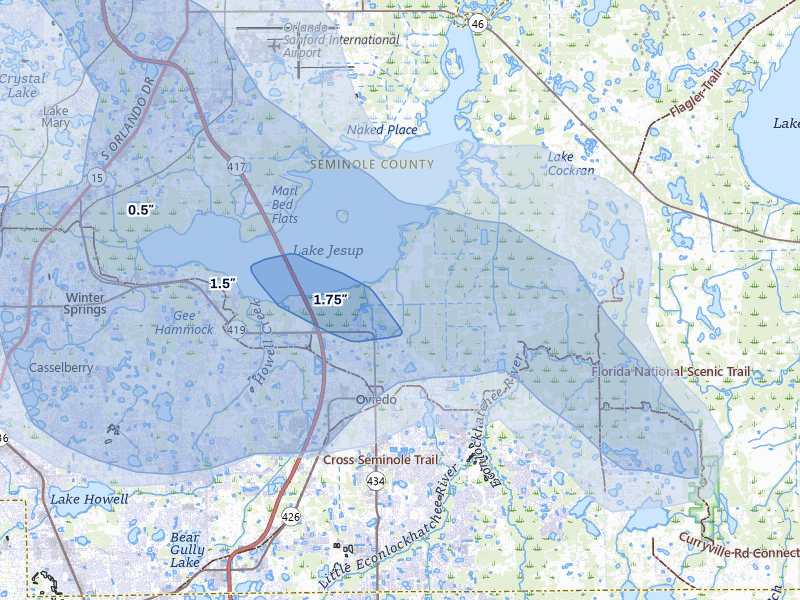 NEXRAD radar-signature map of the hail over Oviedo, FL