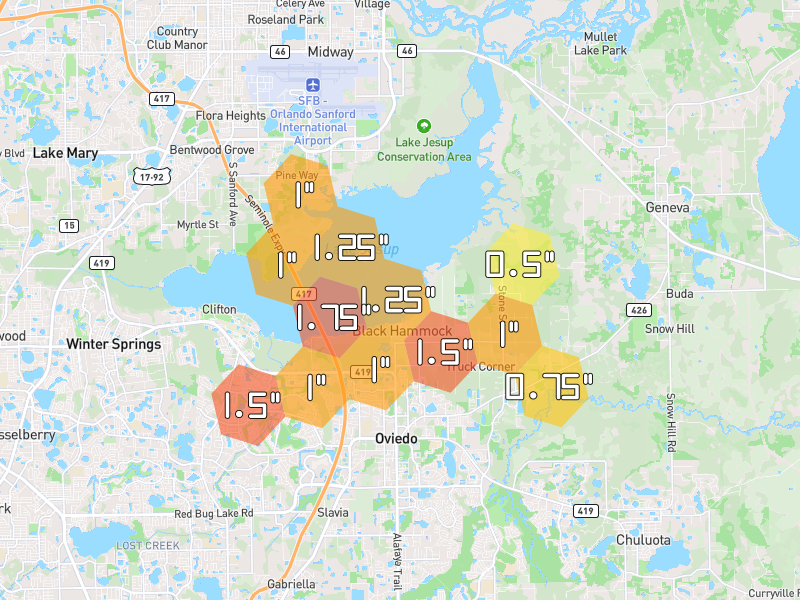 Hail map of Oviedo, FL on Jul 4, 2026, hail up to 1.75"
