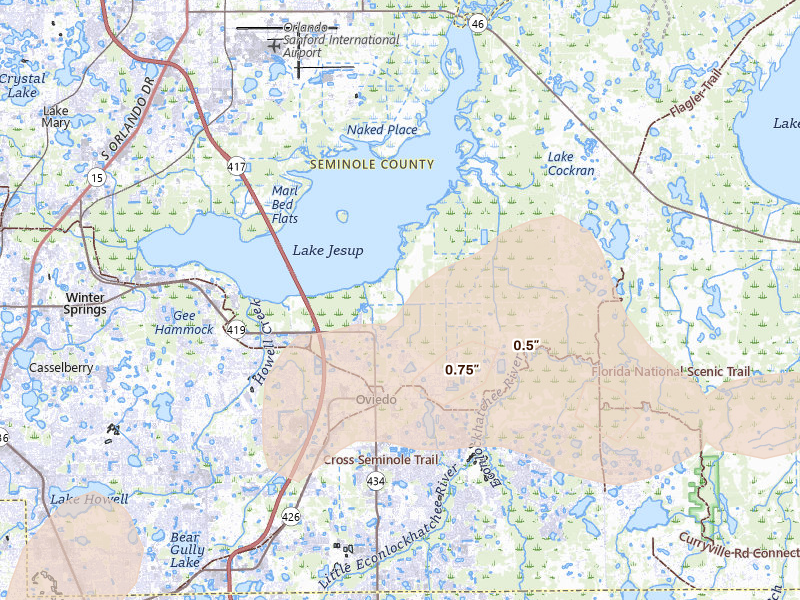 Radar-estimated hail-size map of the storm over Oviedo, FL on Jul 5, 2026