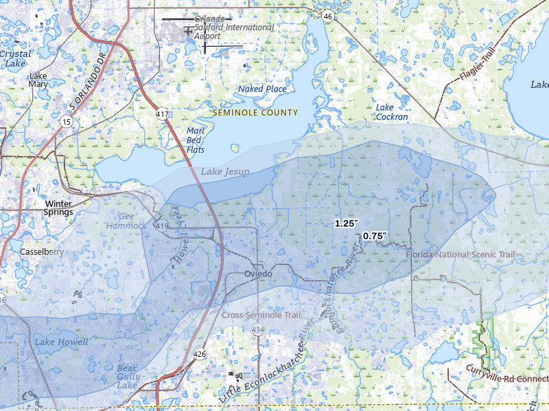 NEXRAD radar-signature map of the hail storm over Oviedo, FL on Jul 5, 2026