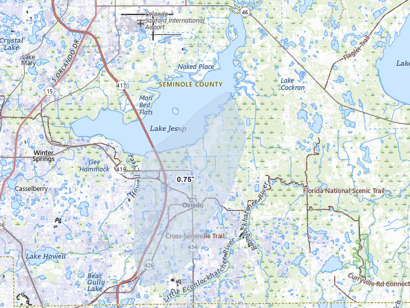 NEXRAD radar-signature map of the hail storm over Oviedo, FL on Jul 7, 2026