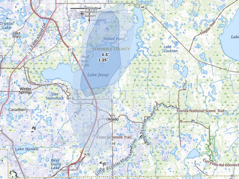 NEXRAD radar-signature map of the hail over Oviedo, FL