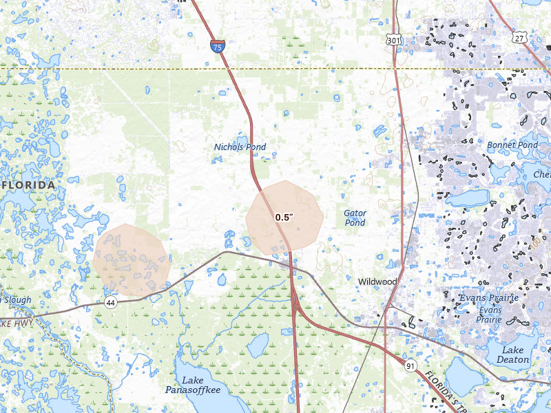 Radar-estimated hail-size map of the storm over Oxford, FL on Mar 5, 2026