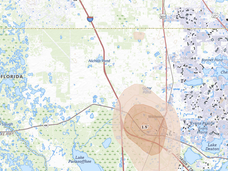 Radar-estimated hail-size map of the storm over Oxford, FL on Jun 29, 2026