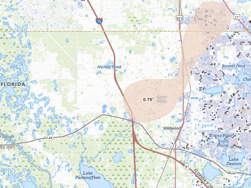 Radar-estimated hail-size map of the storm over Oxford, FL on Jul 25, 2026