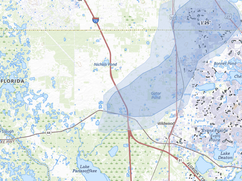 NEXRAD radar-signature map of the hail storm over Oxford, FL on Jul 25, 2026