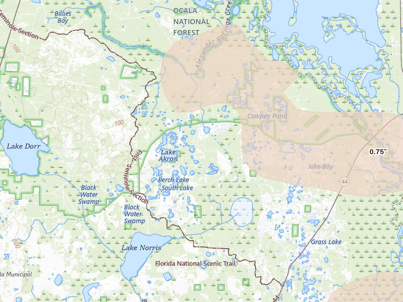 Radar-estimated hail-size map of the storm over Paisley, FL on Jul 17, 2026