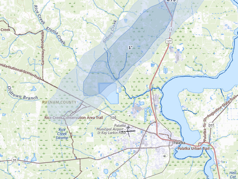 NEXRAD radar-signature map of the hail storm over Palatka, FL on Mar 16, 2026