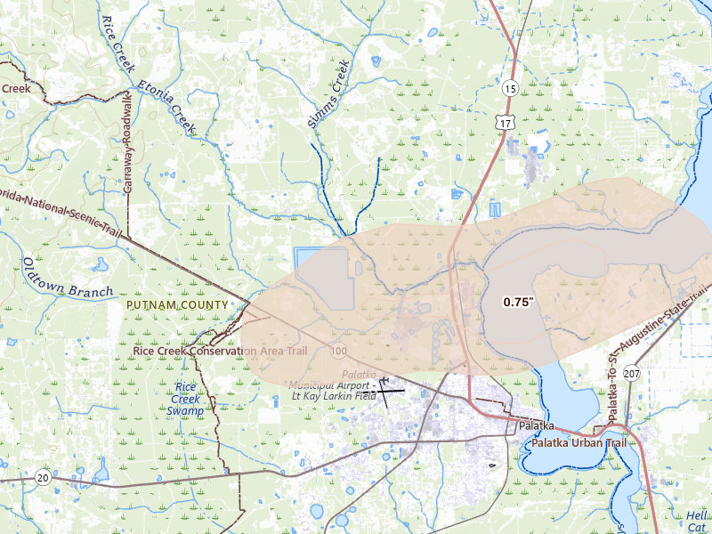 Radar-estimated hail-size map of the storm over Palatka, FL on May 8, 2026