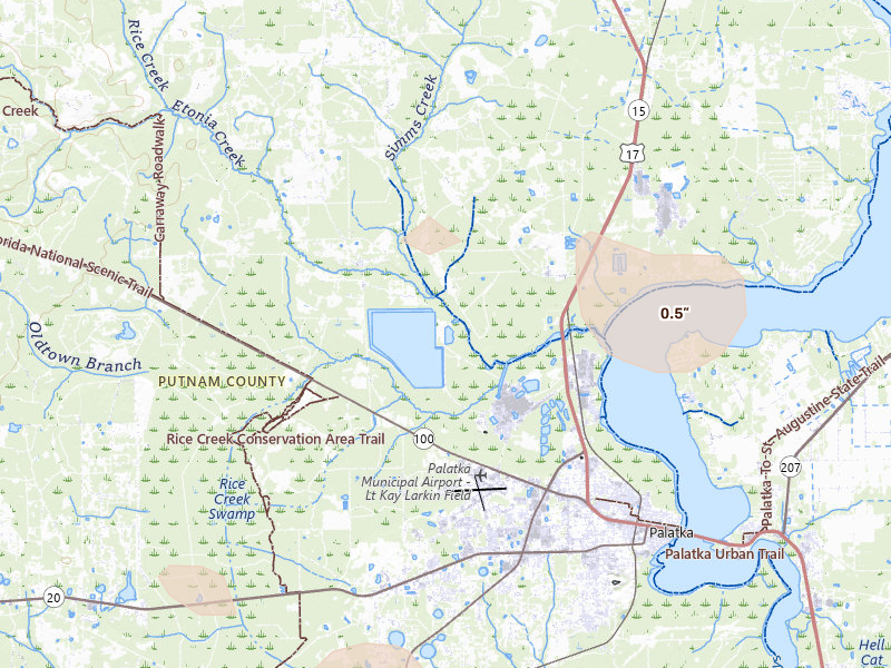 Radar-estimated hail-size map of the storm over Palatka, FL on Jun 27, 2026
