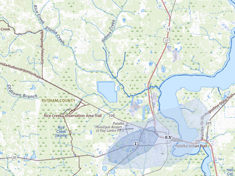 NEXRAD radar-signature map of the hail storm over Palatka, FL on Jul 5, 2026