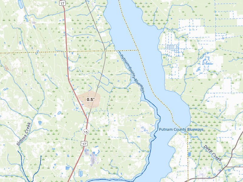 Radar-estimated hail-size map of the storm over Palatka, FL on Aug 17, 2026