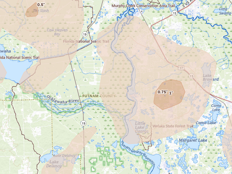Radar-estimated hail-size map of the storm over Palatka, FL on Aug 18, 2026