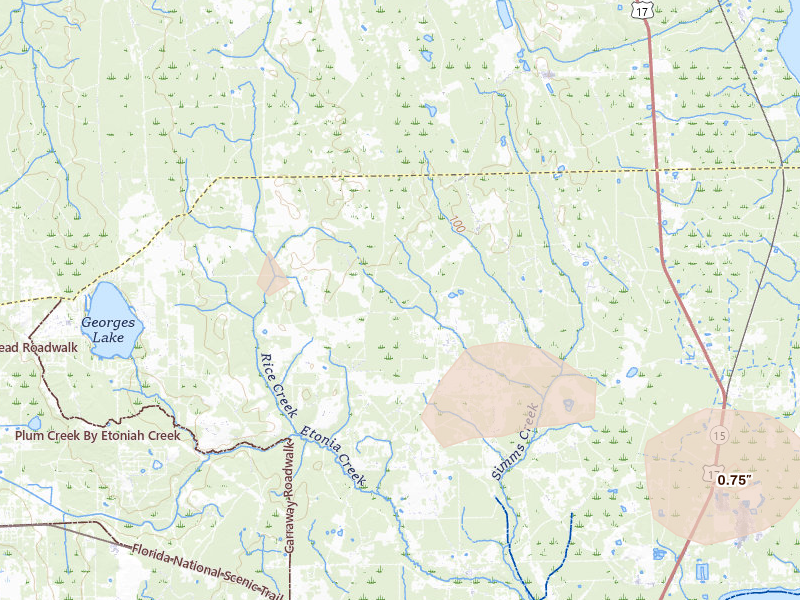 Radar-estimated hail-size map of the storm over Palatka, FL on Aug 19, 2026