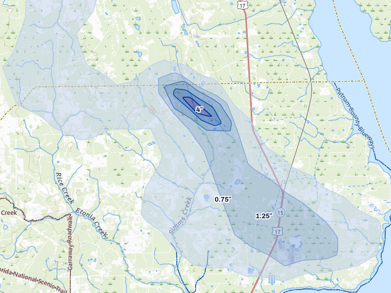 NEXRAD radar-signature map of the hail storm over Palatka, FL on Aug 19, 2026