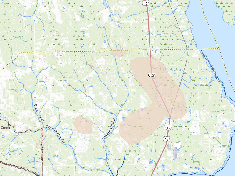 Radar-estimated hail-size map of the storm over Palatka, FL on Aug 20, 2026