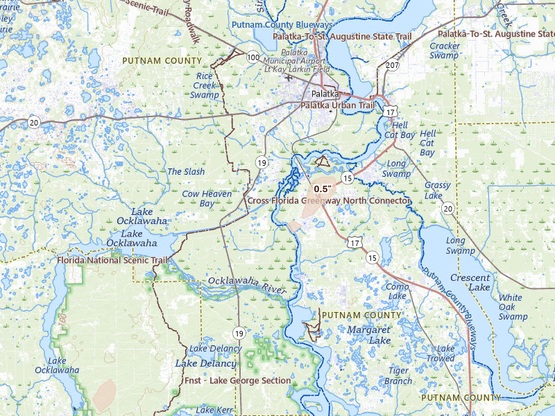 Radar-estimated hail-size map of the storm over Palatka, FL on Aug 21, 2026