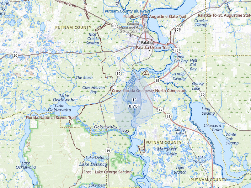 NEXRAD radar-signature map of the hail storm over Palatka, FL on Aug 21, 2026