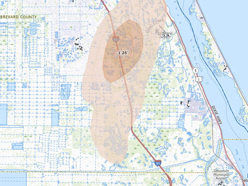 Radar-estimated hail-size map of the storm over Palm Bay, FL on Mar 15, 2026