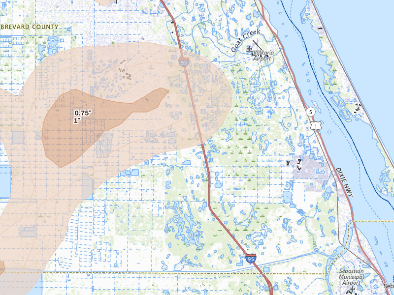 Radar-estimated hail-size map of the storm over Palm Bay, FL on Jun 23, 2026