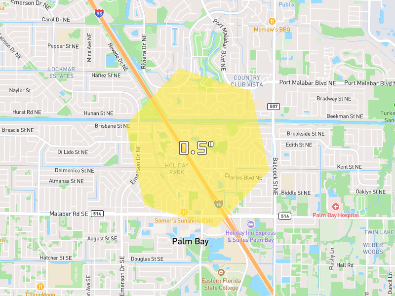 Hail map of Palm Bay, FL on Jul 5, 2026, hail up to 0.5"